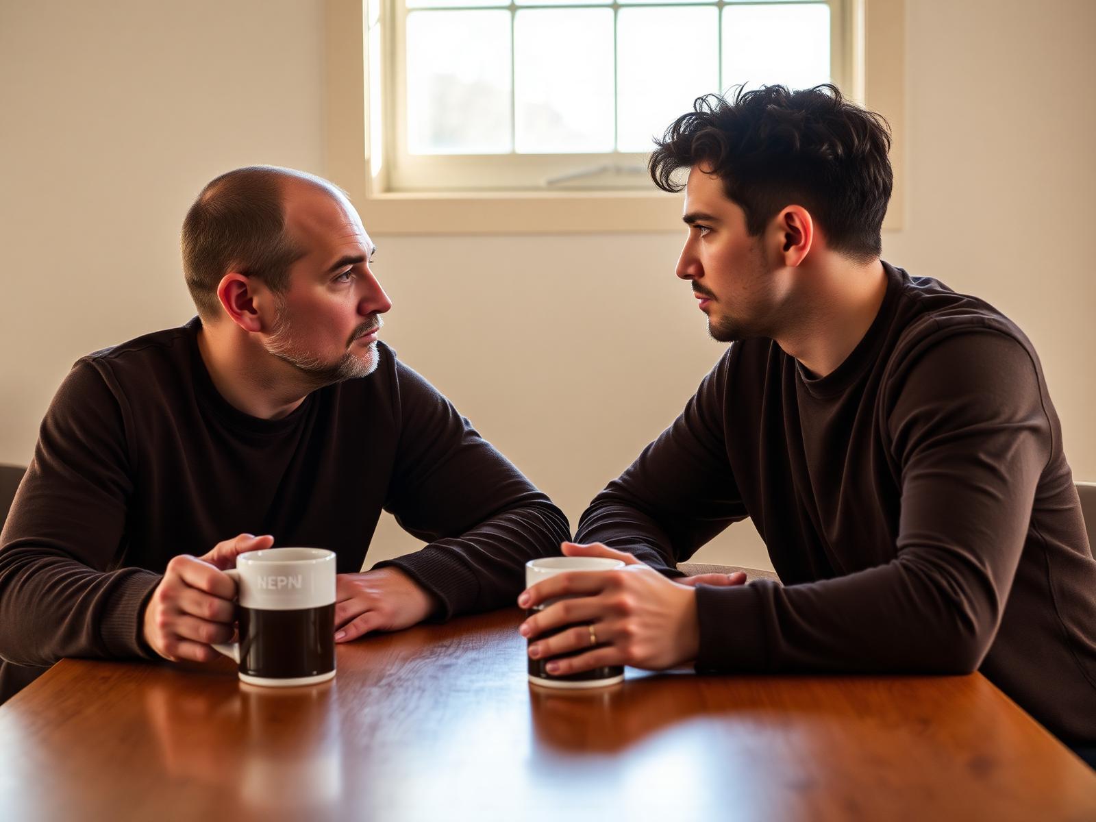 Two men in serious conversation across a table