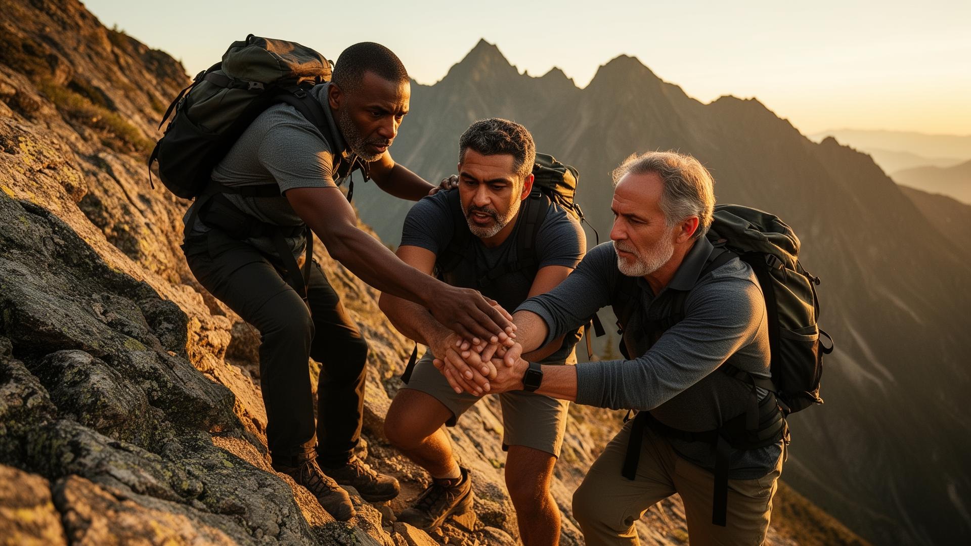 Middle-aged men of mixed race helping each other climb a rocky mountain trail at golden hour, arms extended pulling each other up