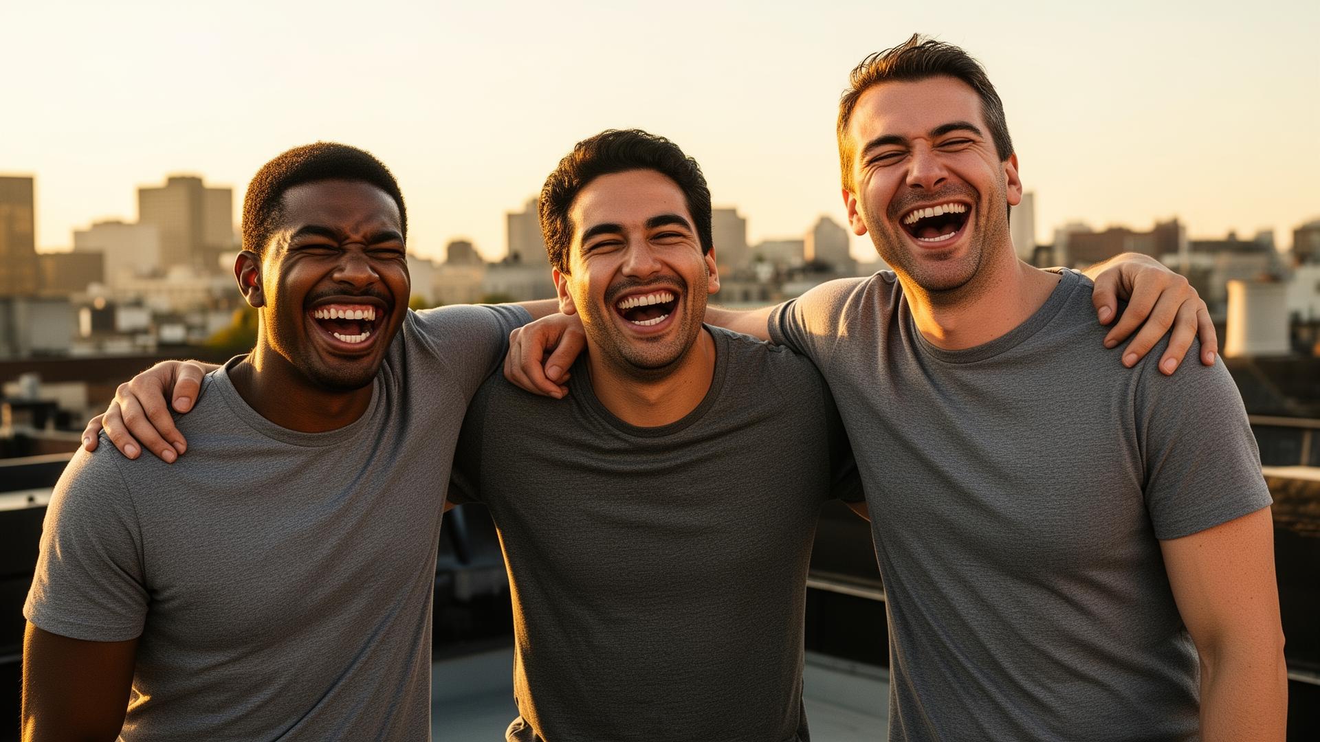 Diverse men laughing together with arms around each other