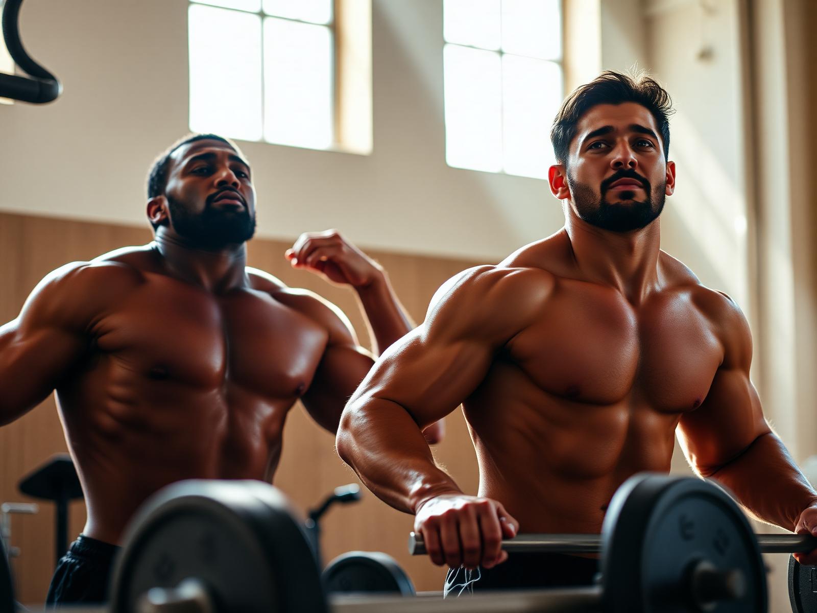Two men lifting heavy weights together in a sunlit gym
