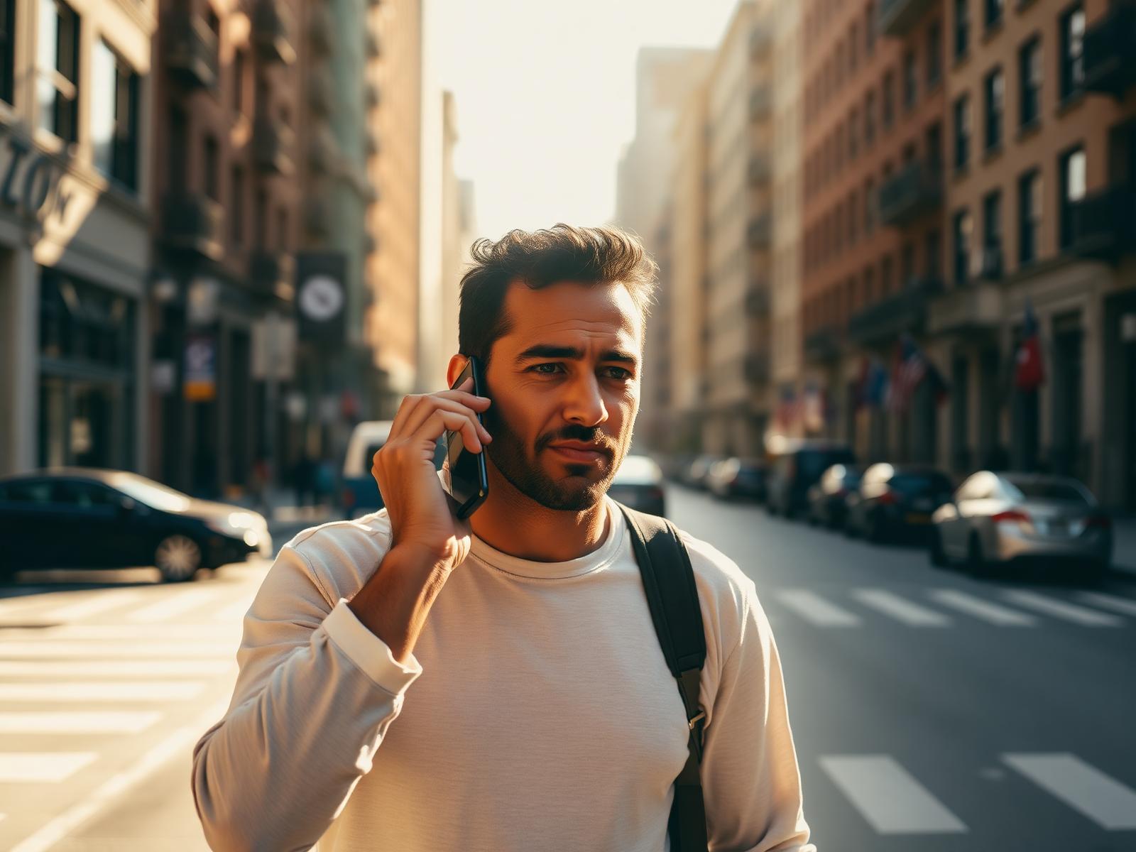 Man walking outside on a phone call, decisive