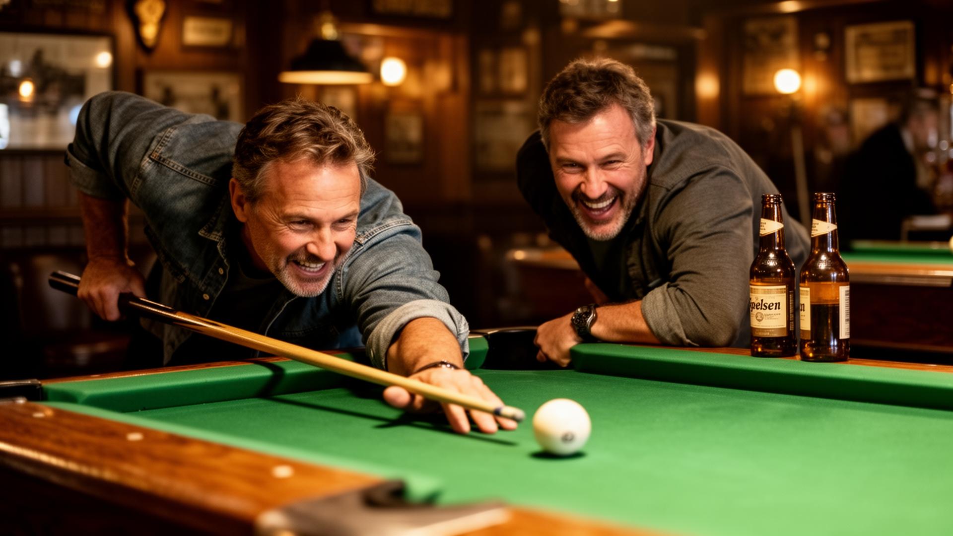 Two men laughing at a pool hall