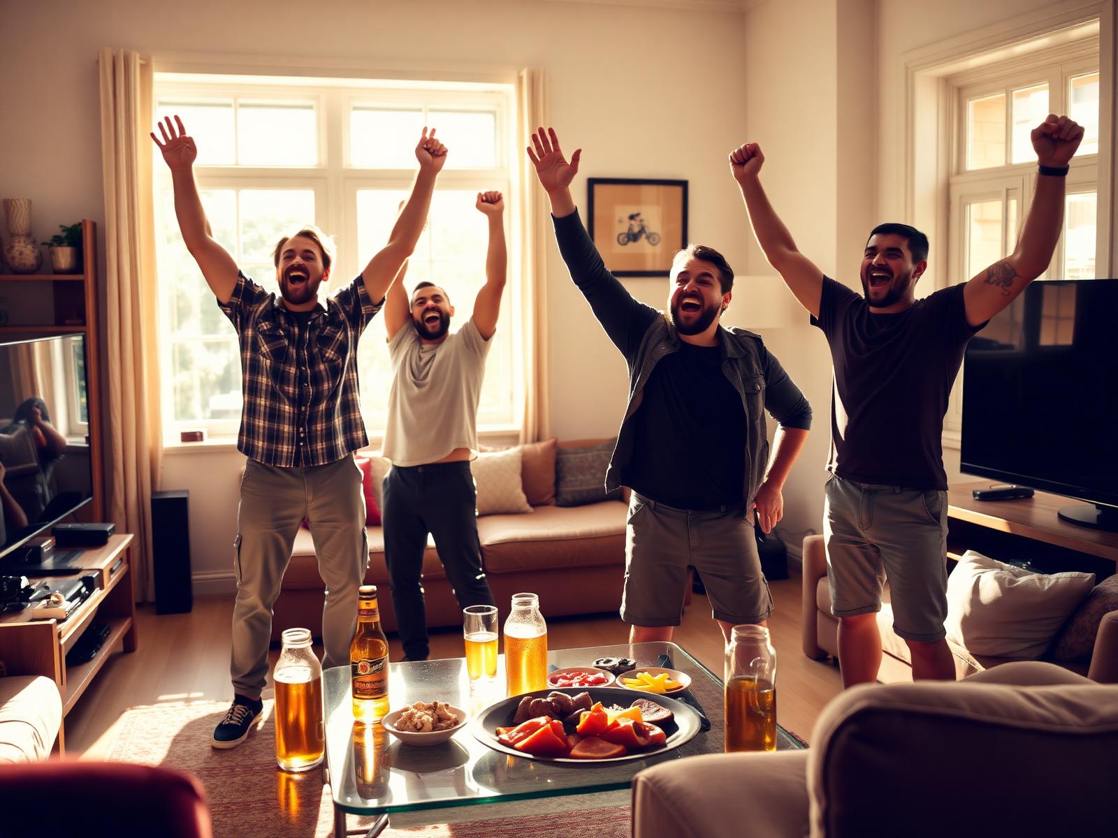 Men cheering watching a game together
